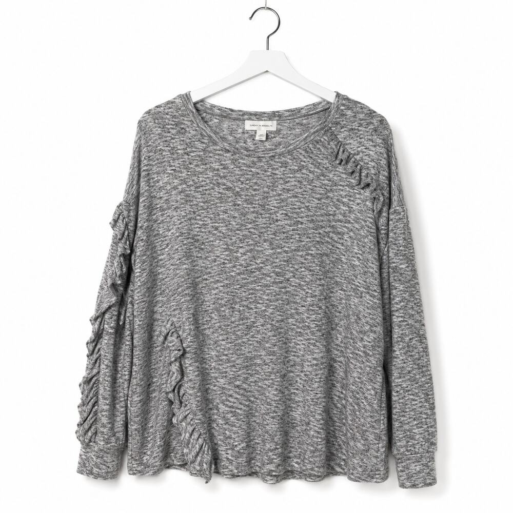 Vintage America Ruffle Sleeve Top Women's Medium Gray Marled Knit Long Sleeve